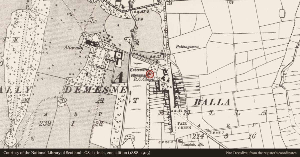 Ordnance Survey six-inch map, 2nd edition (1888–1915) covering the location of Inscribed stone, Balla, County Mayo, with a pin at the register's coordinates