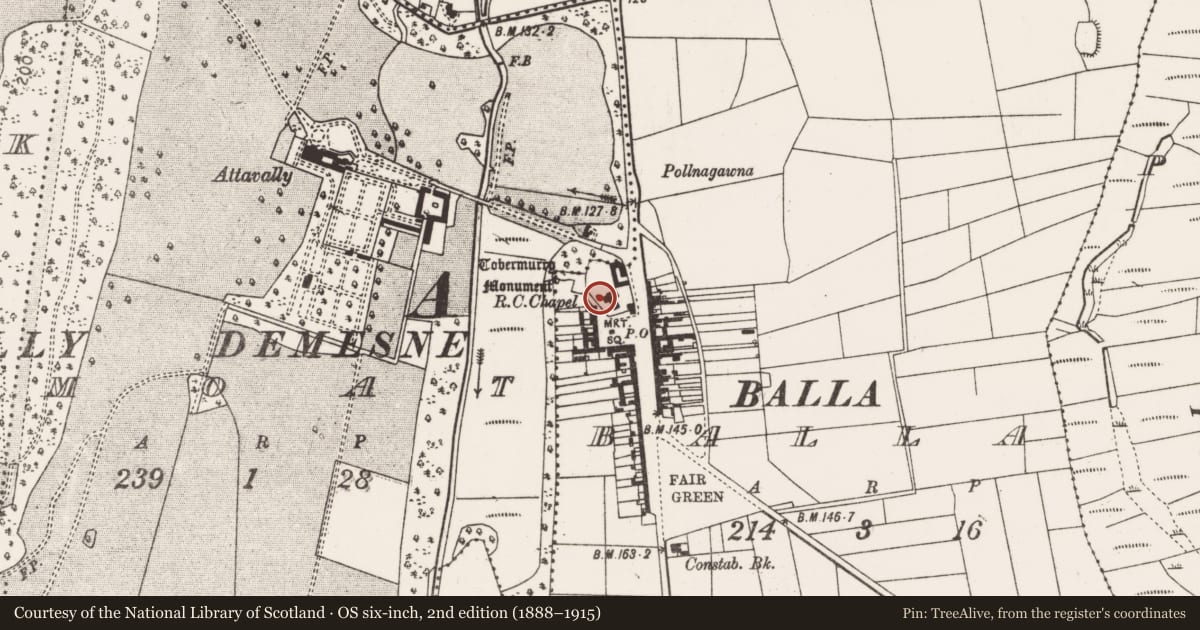 Ordnance Survey six-inch map, 2nd edition (1888–1915) covering the location of Cross-slab, Balla, County Mayo, with a pin at the register's coordinates