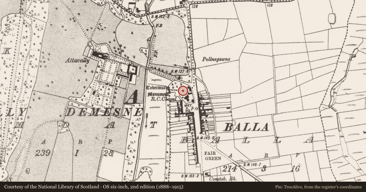 Ordnance Survey six-inch map, 2nd edition (1888–1915) covering the location of Cross-slab, Balla, County Mayo, with a pin at the register's coordinates
