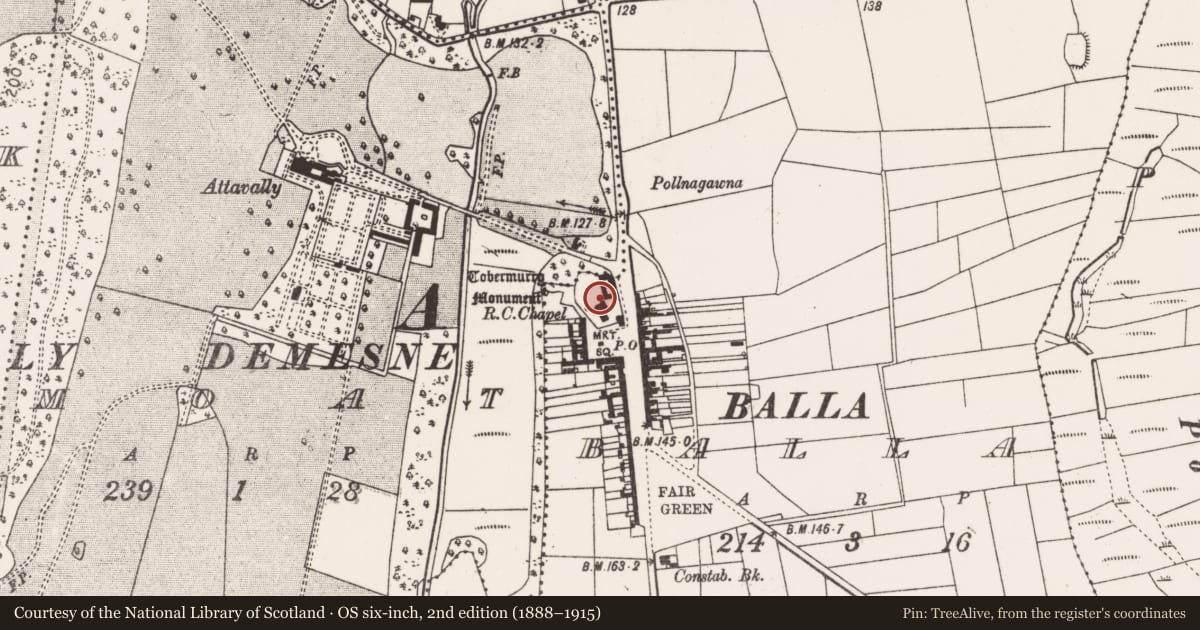 Ordnance Survey six-inch map, 2nd edition (1888–1915) covering the location of Architectural feature, Balla, County Mayo, with a pin at the register's coordinates