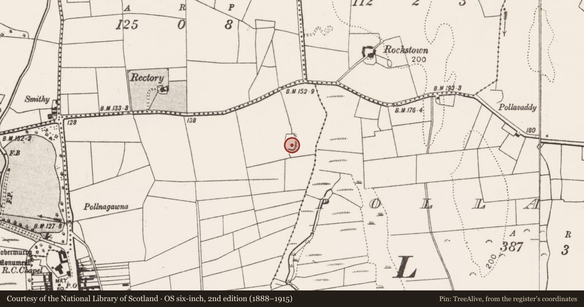 Ordnance Survey six-inch map, 2nd edition (1888–1915) covering the location of Enclosure, Balla, County Mayo, with a pin at the register's coordinates