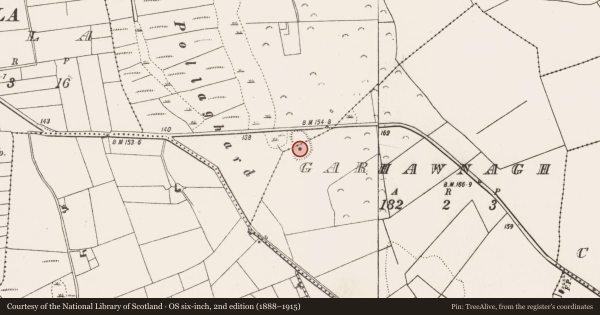 Ordnance Survey six-inch map, 2nd edition (1888–1915) covering the location of Moated site, Garhawnagh, Pollavaddy, County Mayo, with a pin at the register's coordinates