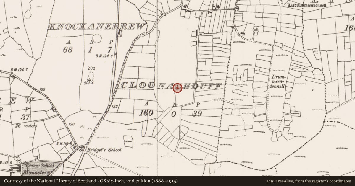 Ordnance Survey six-inch map, 2nd edition (1888–1915) covering the location of Enclosure, Cloonaghduff, County Mayo, with a pin at the register's coordinates