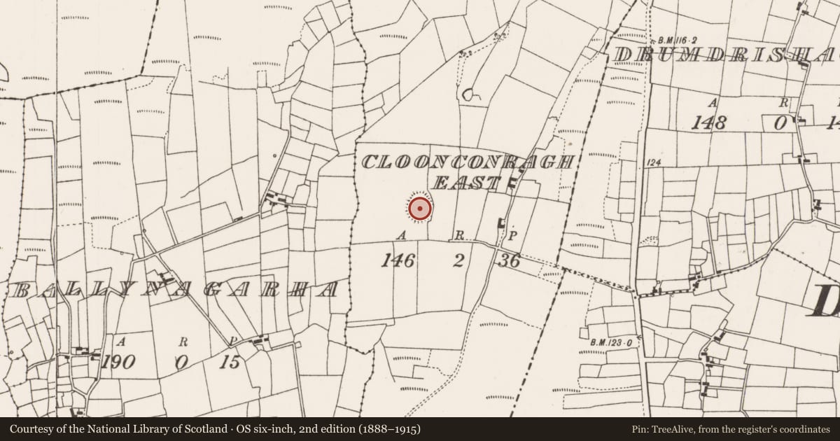 Ordnance Survey six-inch map, 2nd edition (1888–1915) covering the location of Souterrain, Cloonconragh East, County Mayo, with a pin at the register's coordinates