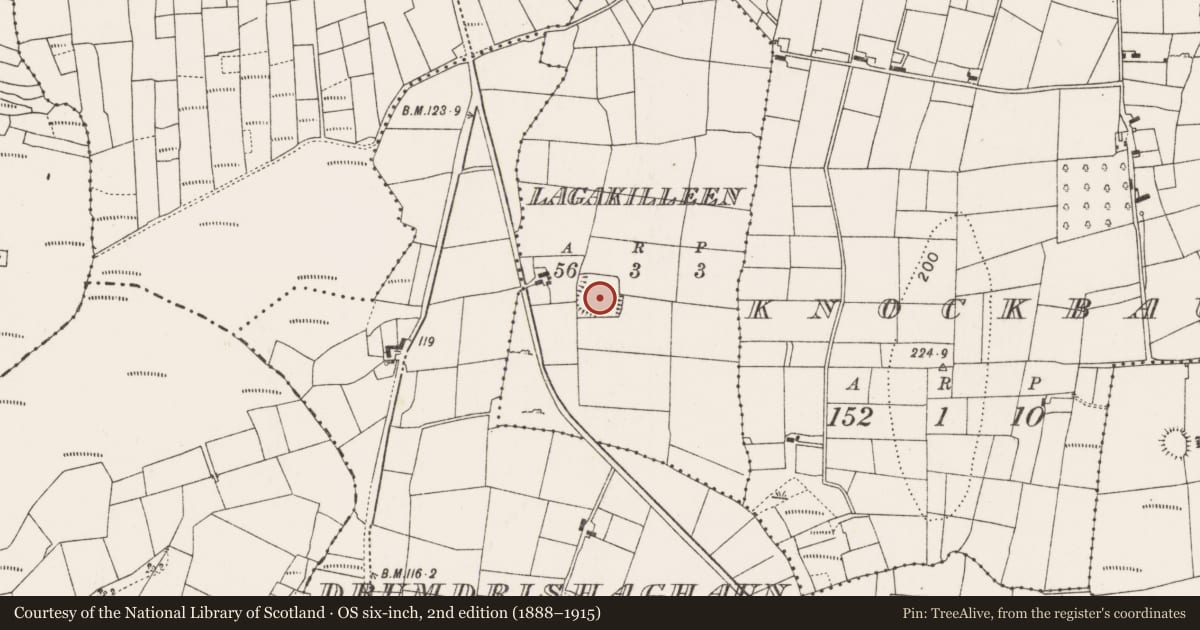 Ordnance Survey six-inch map, 2nd edition (1888–1915) covering the location of Souterrain, Lagakilleen, County Mayo, with a pin at the register's coordinates