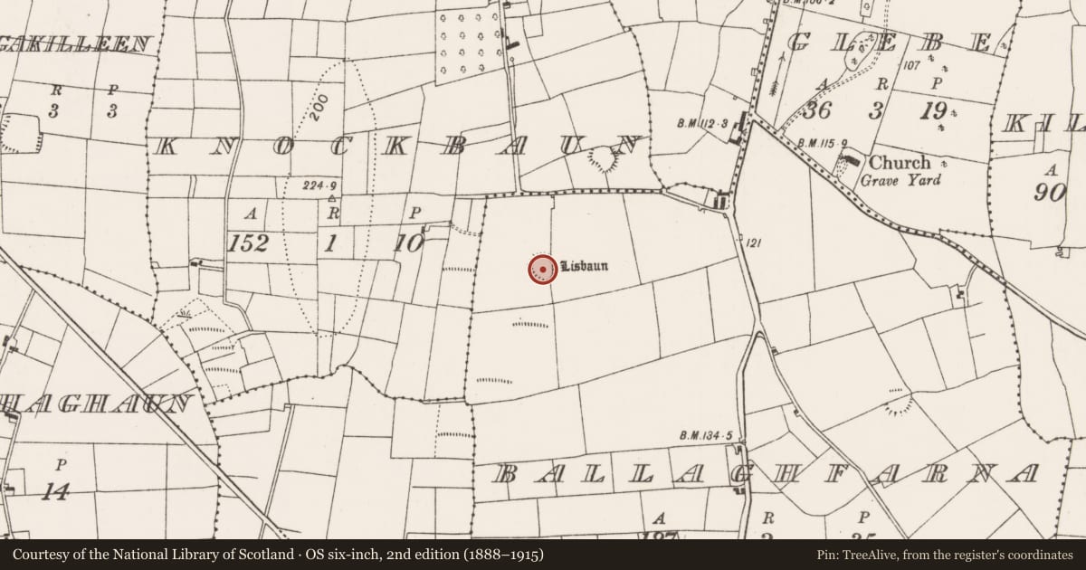 Ordnance Survey six-inch map, 2nd edition (1888–1915) covering the location of Ringfort - rath, Ballaghfarna, County Mayo, with a pin at the register's coordinates