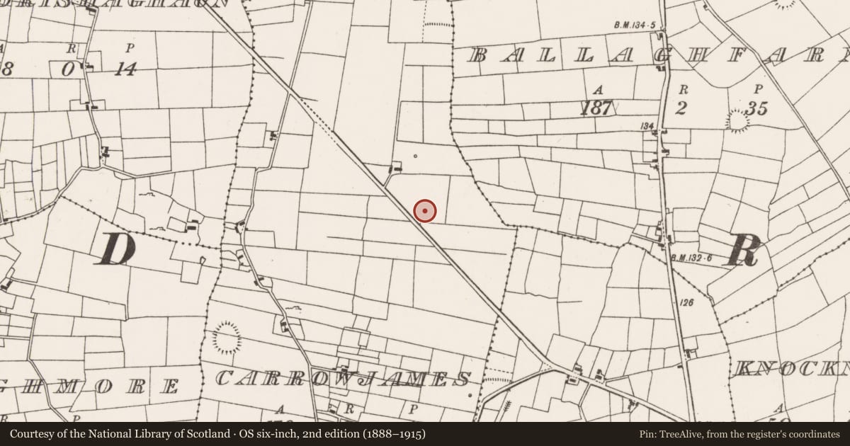 Ordnance Survey six-inch map, 2nd edition (1888–1915) covering the location of Barrow - ditch barrow, Carrowjames, County Mayo, with a pin at the register's coordinates