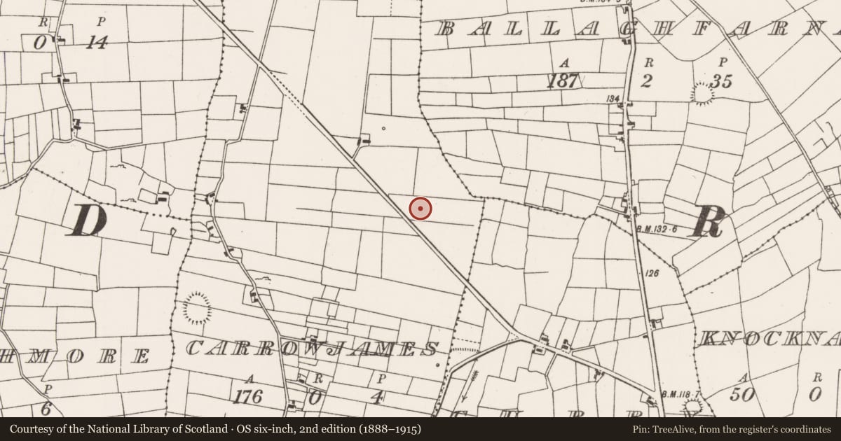Ordnance Survey six-inch map, 2nd edition (1888–1915) covering the location of Barrow - ditch barrow, Carrowjames, County Mayo, with a pin at the register's coordinates