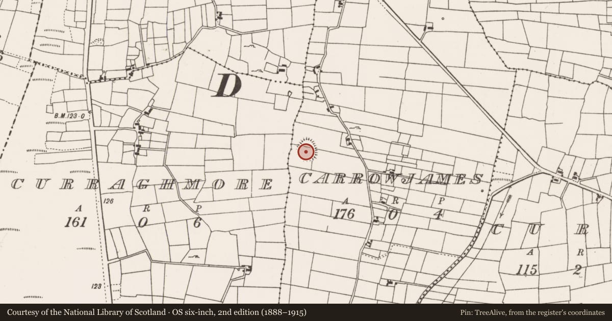 Ordnance Survey six-inch map, 2nd edition (1888–1915) covering the location of Enclosure, Carrowjames, County Mayo, with a pin at the register's coordinates
