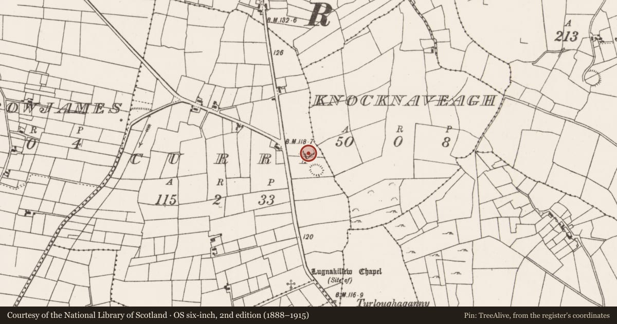 Ordnance Survey six-inch map, 2nd edition (1888–1915) covering the location of Children's burial ground, Curry (Carra By., Drum Par.), County Mayo, with a pin at the register's coordinates