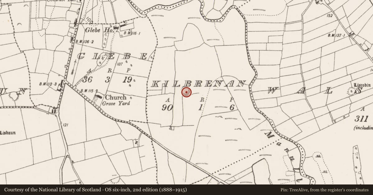 Ordnance Survey six-inch map, 2nd edition (1888–1915) covering the location of Enclosure, Kilbrenan, County Mayo, with a pin at the register's coordinates