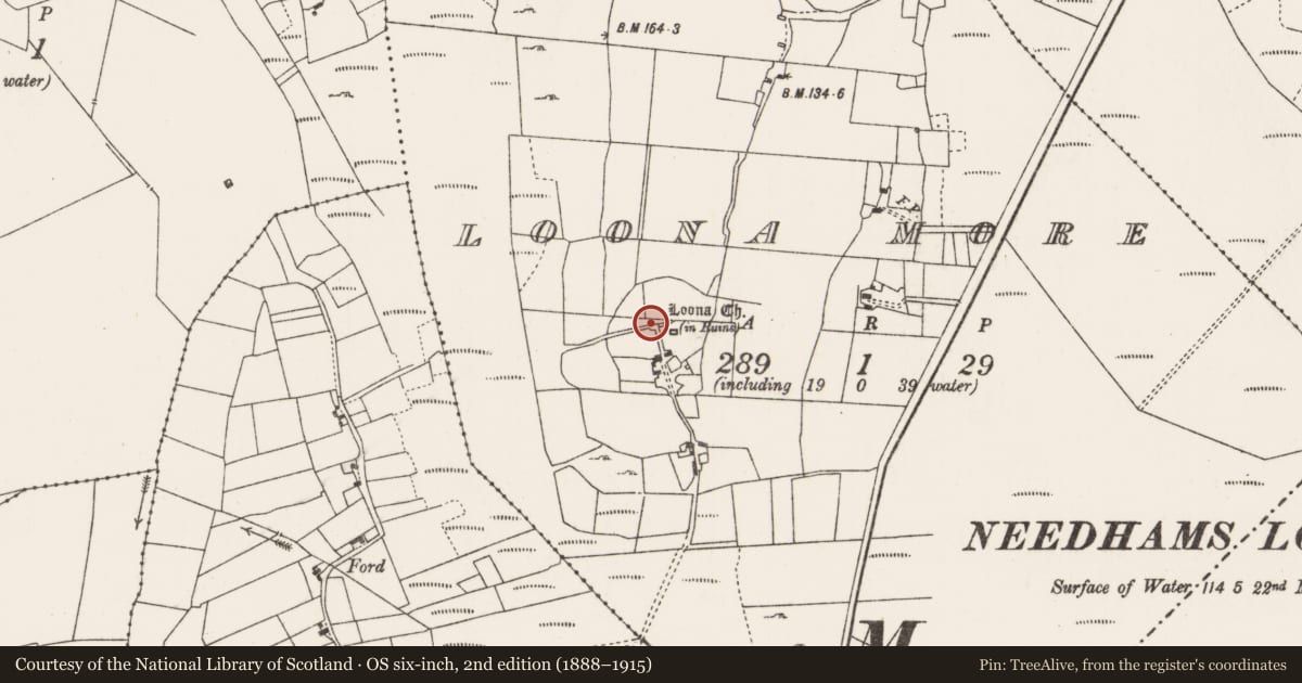 Ordnance Survey six-inch map, 2nd edition (1888–1915) covering the location of Graveyard, Loona More, County Mayo, with a pin at the register's coordinates