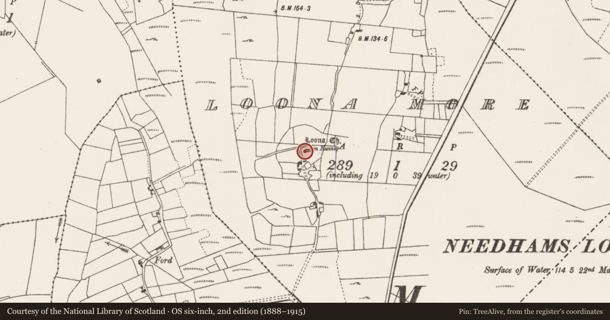 Ordnance Survey six-inch map, 2nd edition (1888–1915) covering the location of Church, Loona More, County Mayo, with a pin at the register's coordinates