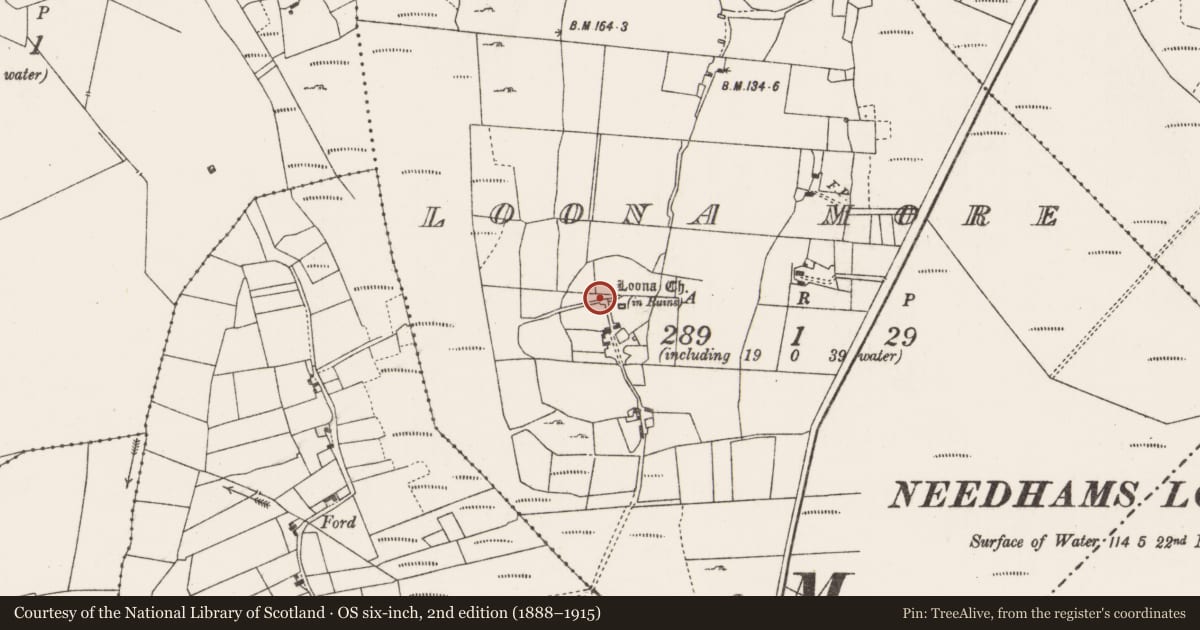 Ordnance Survey six-inch map, 2nd edition (1888–1915) covering the location of Ecclesiastical enclosure, Loona More, County Mayo, with a pin at the register's coordinates