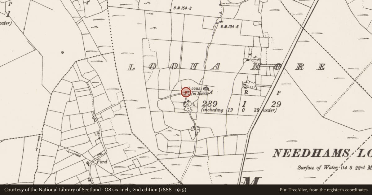 Ordnance Survey six-inch map, 2nd edition (1888–1915) covering the location of Children's burial ground, Loona More, County Mayo, with a pin at the register's coordinates