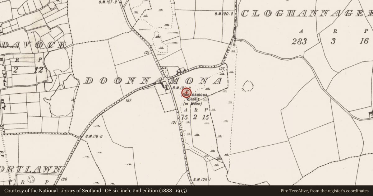 Ordnance Survey six-inch map, 2nd edition (1888–1915) covering the location of Castle - tower house, Doonnamona, County Mayo, with a pin at the register's coordinates