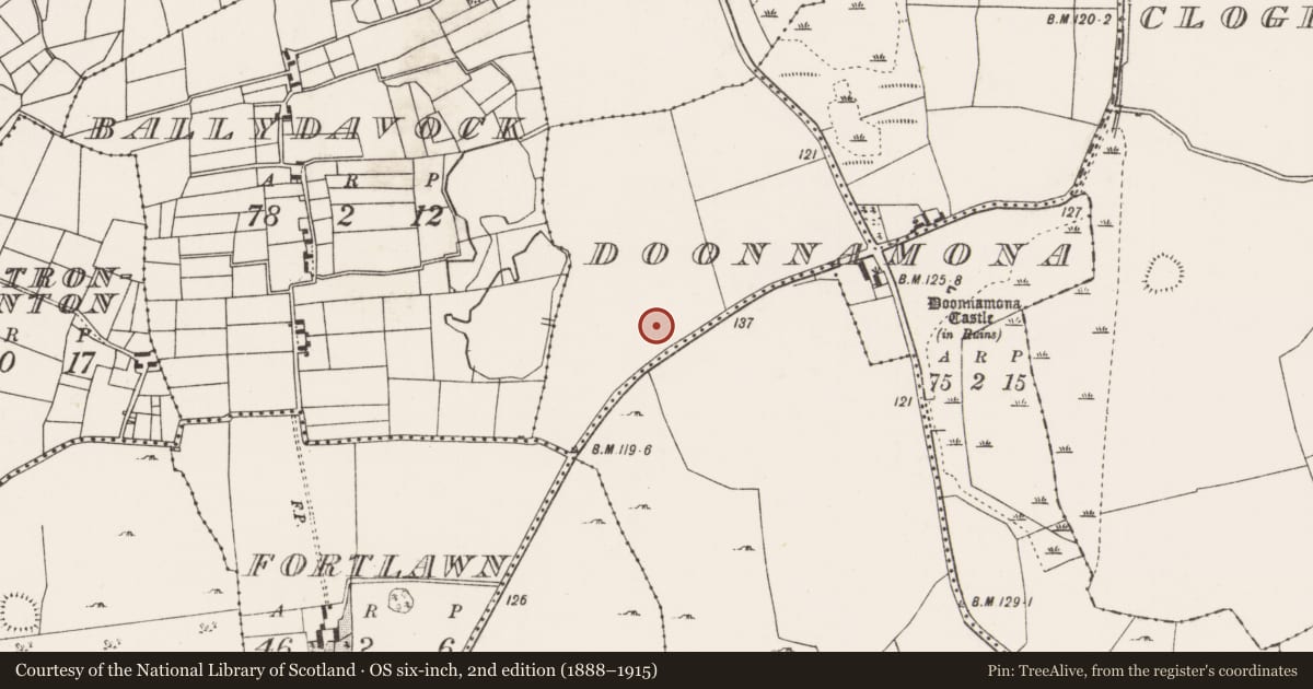Ordnance Survey six-inch map, 2nd edition (1888–1915) covering the location of Earthwork, Doonnamona, County Mayo, with a pin at the register's coordinates
