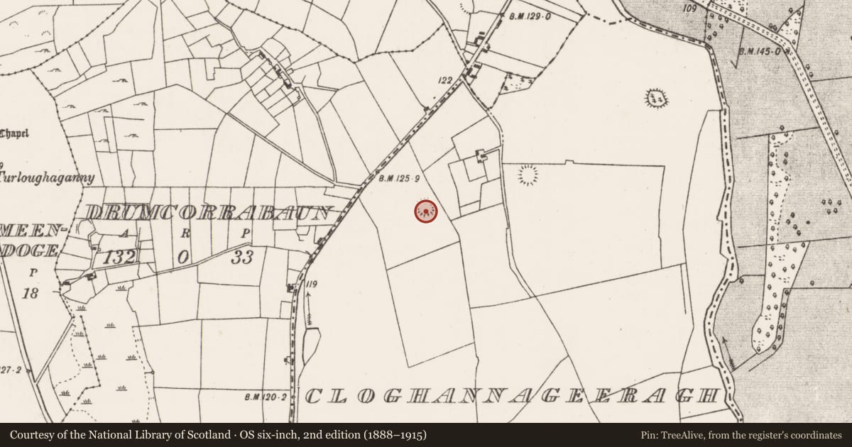 Ordnance Survey six-inch map, 2nd edition (1888–1915) covering the location of Souterrain, Cloghannageeragh, County Mayo, with a pin at the register's coordinates