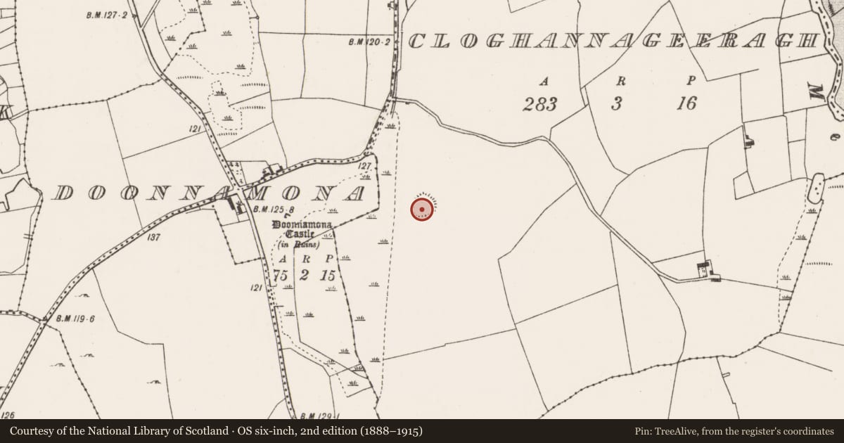 Ordnance Survey six-inch map, 2nd edition (1888–1915) covering the location of Ringfort - rath, Cloghannageeragh, County Mayo, with a pin at the register's coordinates