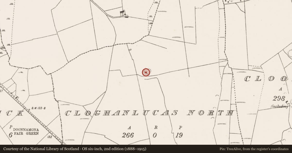Ordnance Survey six-inch map, 2nd edition (1888–1915) covering the location of Ringfort - rath, Cloghanlucas North, County Mayo, with a pin at the register's coordinates