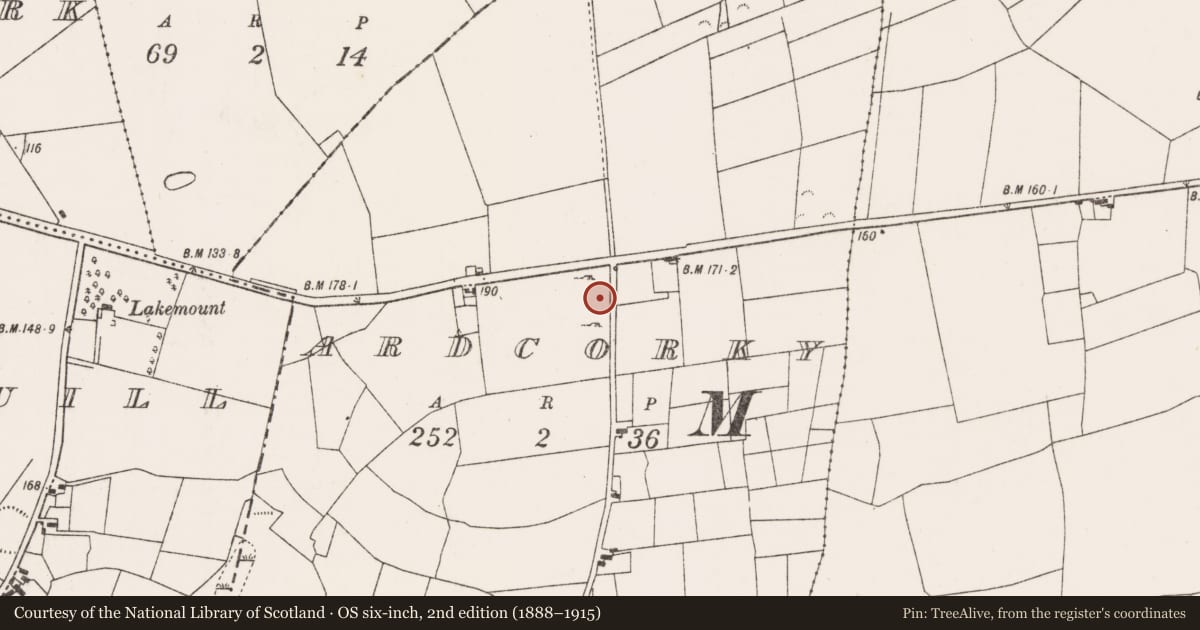 Ordnance Survey six-inch map, 2nd edition (1888–1915) covering the location of Stone circle, Ardcorky, County Mayo, with a pin at the register's coordinates
