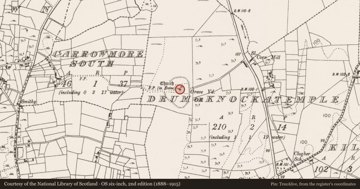 Ordnance Survey six-inch map, 2nd edition (1888–1915) covering the location of Church, Drum Or Knockatemple, County Mayo, with a pin at the register's coordinates
