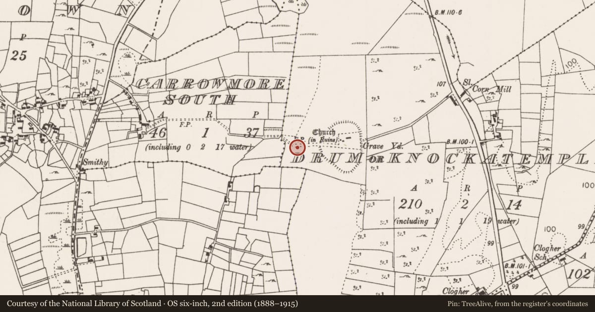 Ordnance Survey six-inch map, 2nd edition (1888–1915) covering the location of Road - road/trackway, Drum Or Knockatemple, County Mayo, with a pin at the register's coordinates
