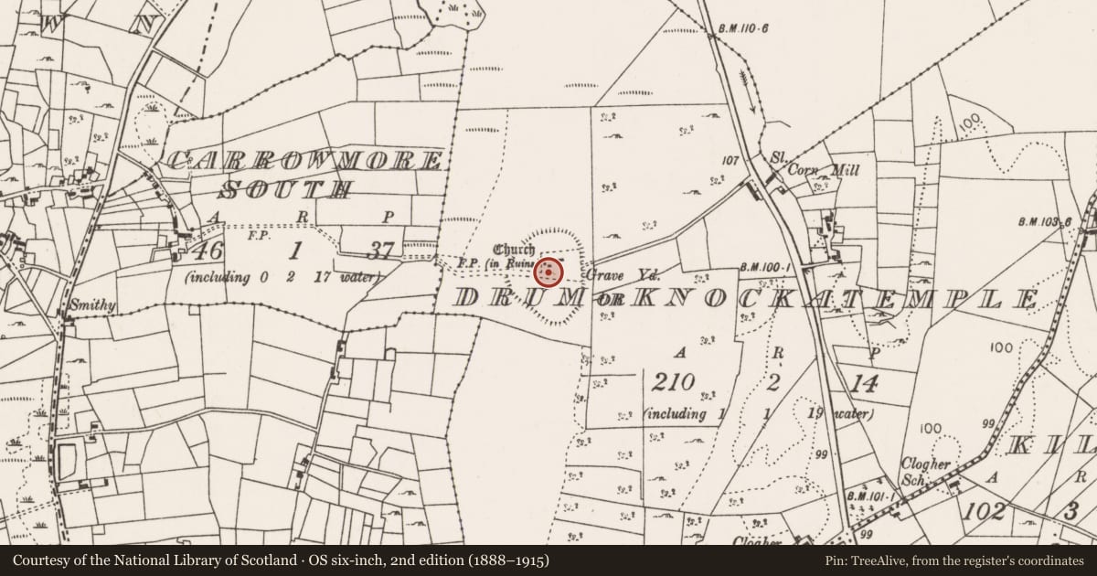 Ordnance Survey six-inch map, 2nd edition (1888–1915) covering the location of Graveyard, Drum Or Knockatemple, County Mayo, with a pin at the register's coordinates