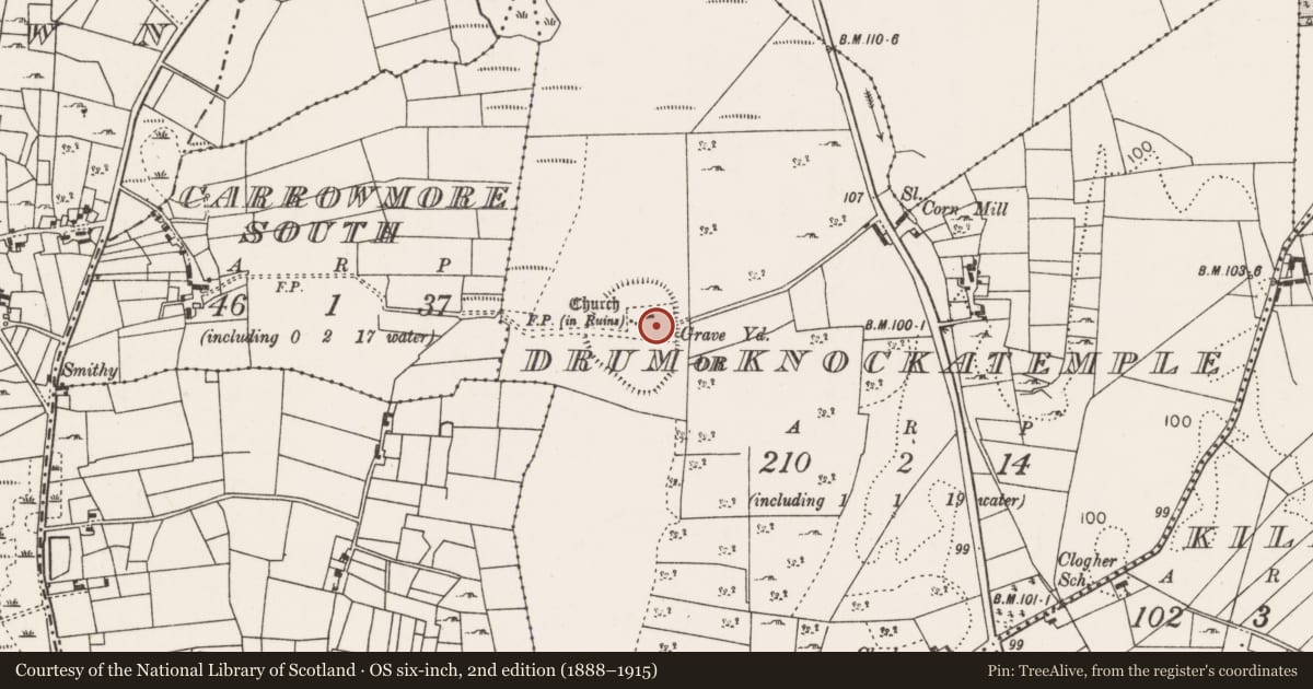 Ordnance Survey six-inch map, 2nd edition (1888–1915) covering the location of Cross-slab, Drum Or Knockatemple, County Mayo, with a pin at the register's coordinates