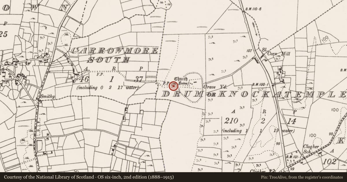 Ordnance Survey six-inch map, 2nd edition (1888–1915) covering the location of Ritual site - holy/saint's stone, Drum Or Knockatemple, County Mayo, with a pin at the register's coordinates