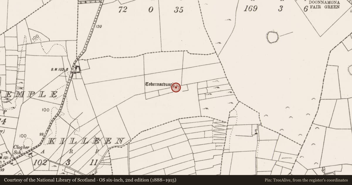 Ordnance Survey six-inch map, 2nd edition (1888–1915) covering the location of Ritual site - holy well, Killeen, County Mayo, with a pin at the register's coordinates