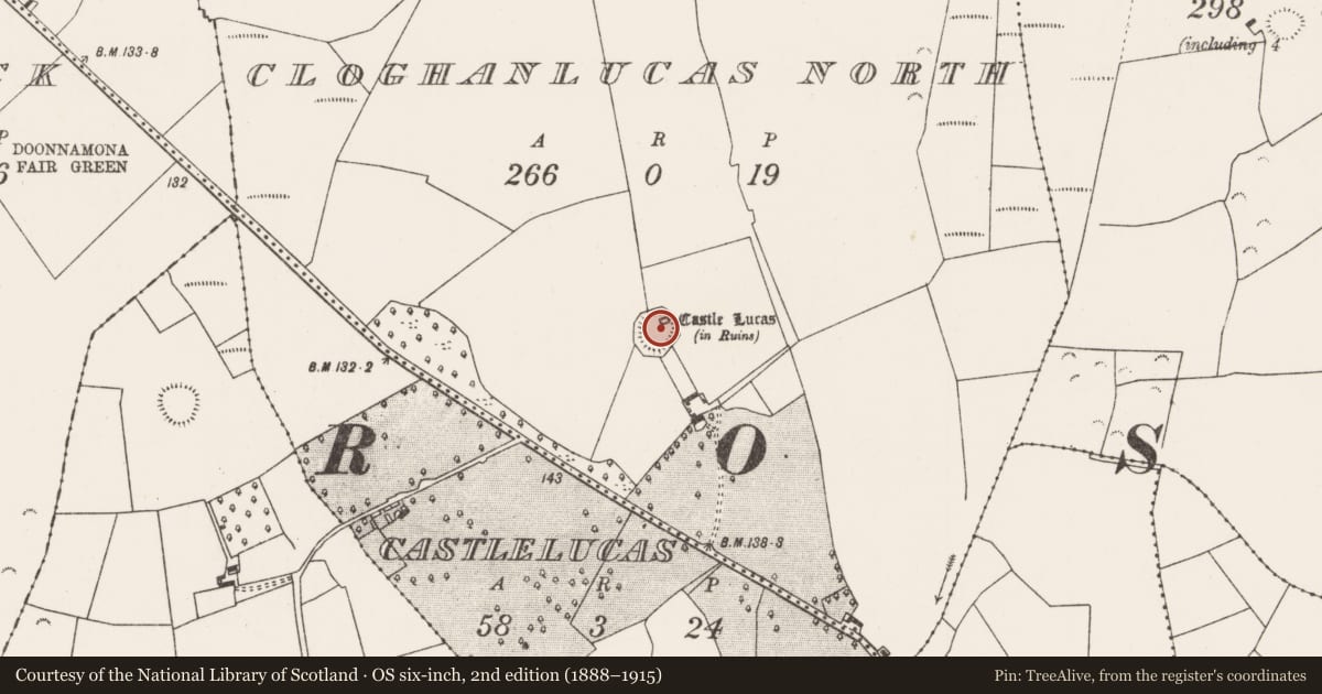 Ordnance Survey six-inch map, 2nd edition (1888–1915) covering the location of Castle - unclassified, Cloghanlucas North, County Mayo, with a pin at the register's coordinates