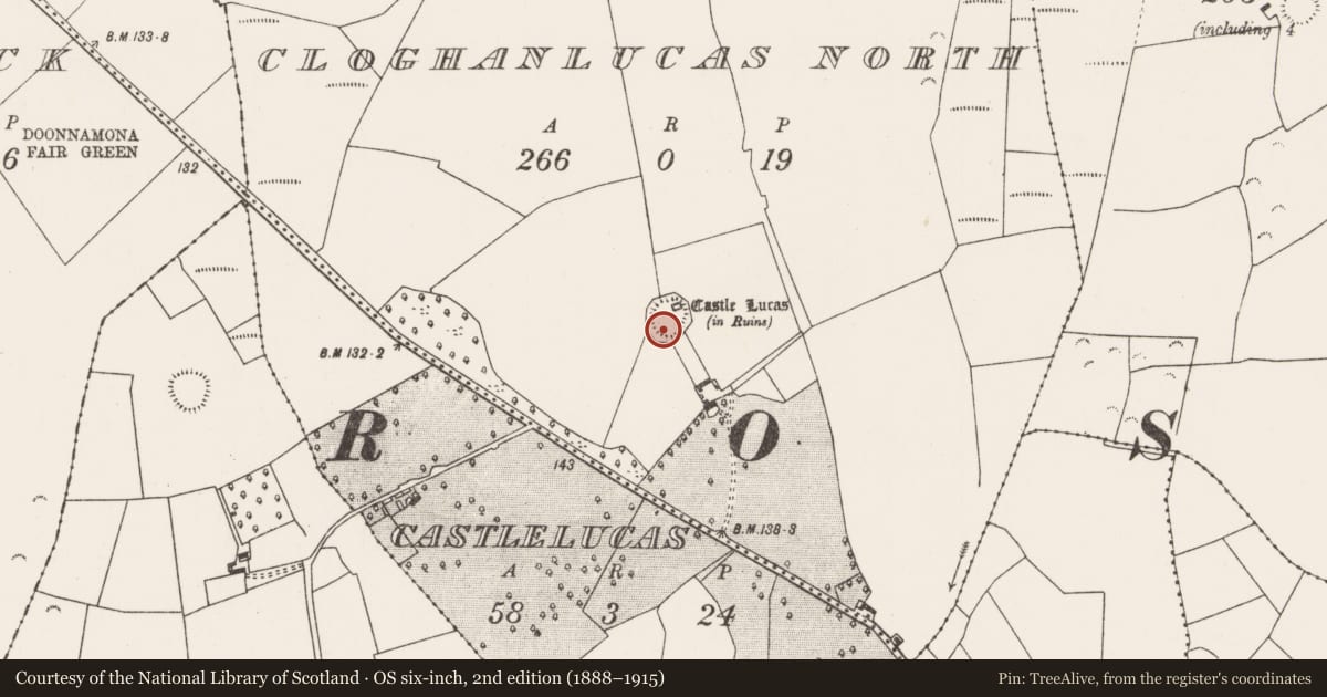 Ordnance Survey six-inch map, 2nd edition (1888–1915) covering the location of Enclosure, Cloghanlucas North, County Mayo, with a pin at the register's coordinates