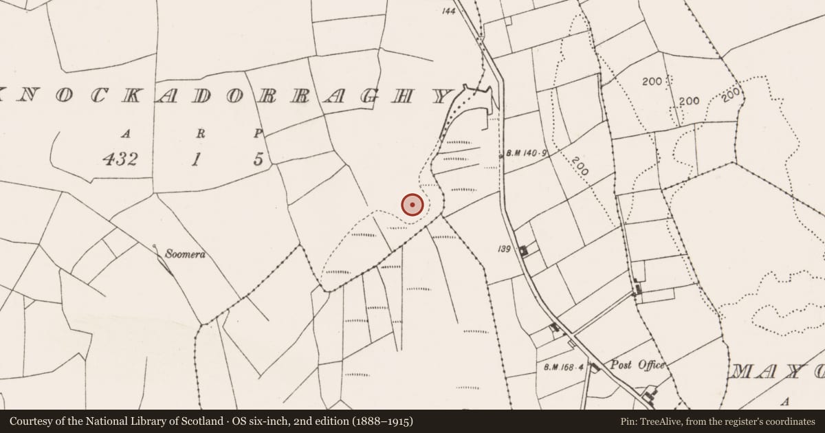 Ordnance Survey six-inch map, 2nd edition (1888–1915) covering the location of Moated site, Knockadorraghy, County Mayo, with a pin at the register's coordinates