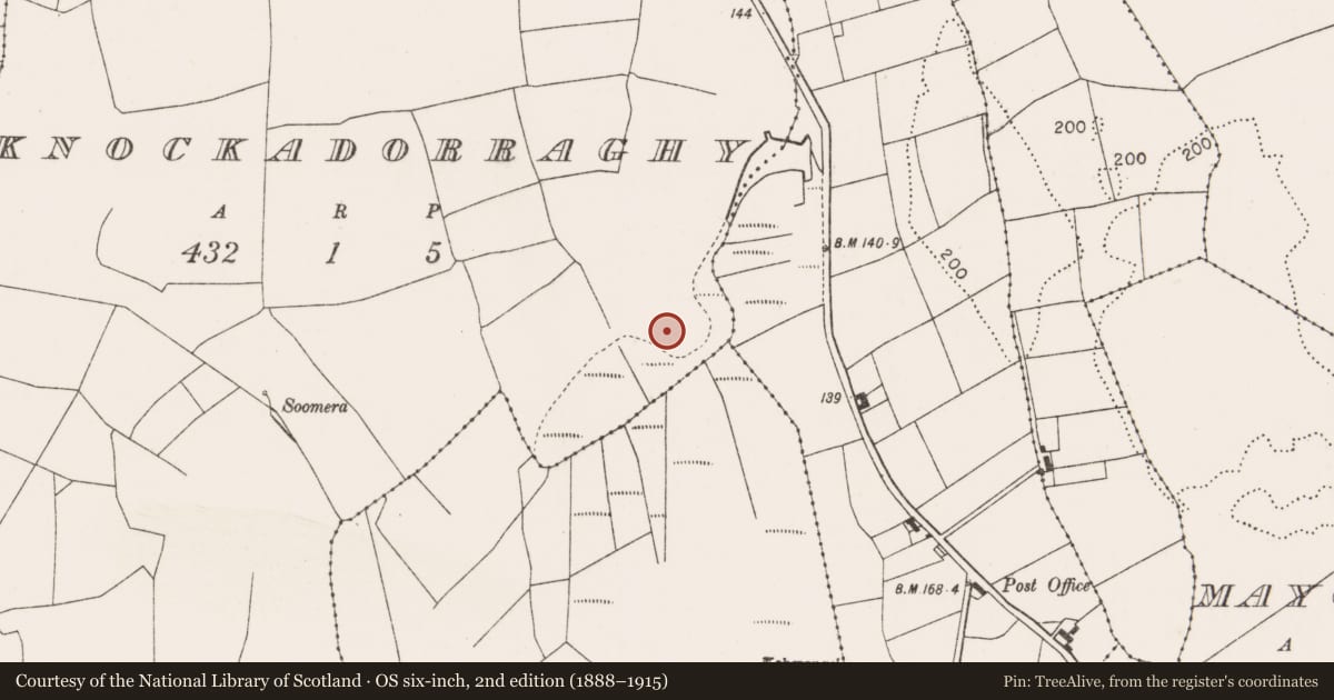 Ordnance Survey six-inch map, 2nd edition (1888–1915) covering the location of House - indeterminate date, Knockadorraghy, County Mayo, with a pin at the register's coordinates