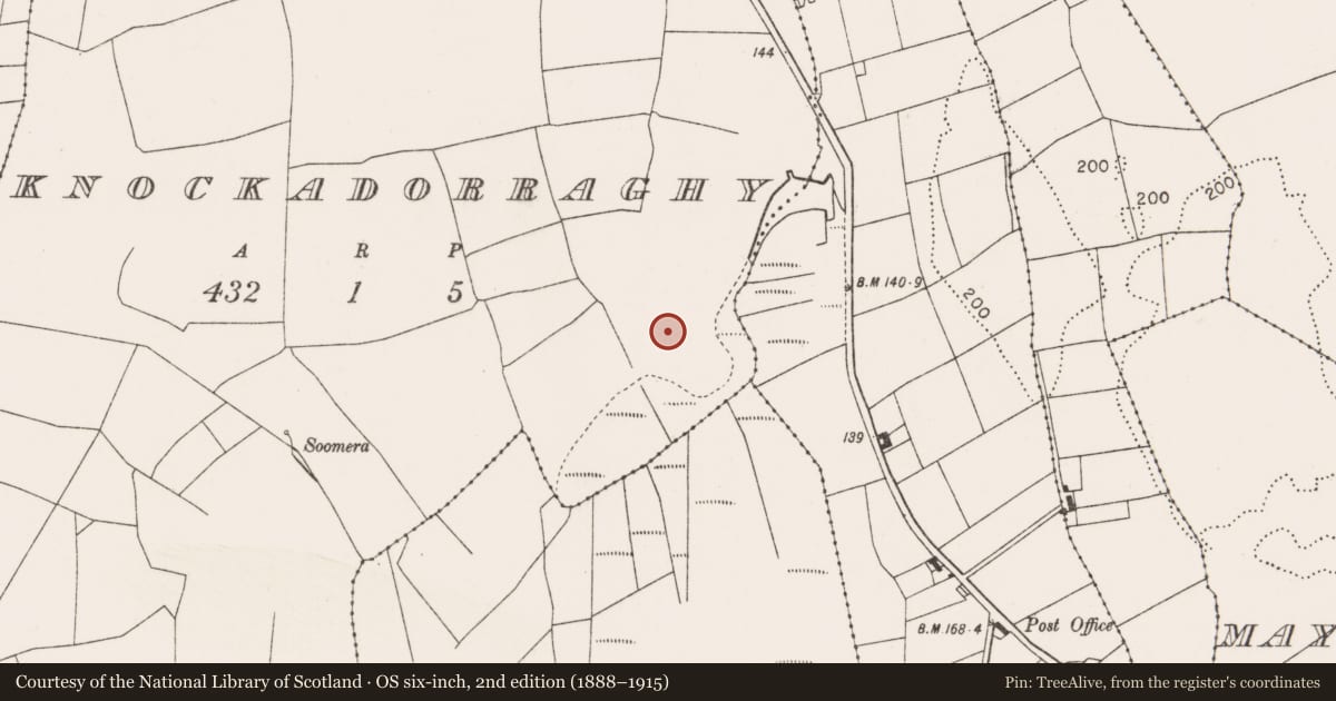 Ordnance Survey six-inch map, 2nd edition (1888–1915) covering the location of Moated site, Knockadorraghy, County Mayo, with a pin at the register's coordinates