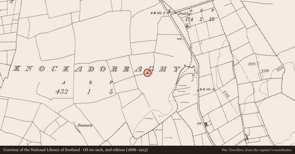 Ordnance Survey six-inch map, 2nd edition (1888–1915) covering the location of Earthwork, Knockadorraghy, County Mayo, with a pin at the register's coordinates