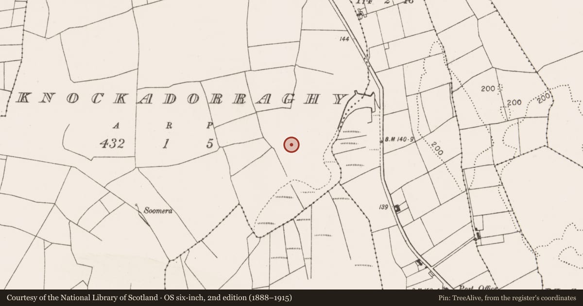 Ordnance Survey six-inch map, 2nd edition (1888–1915) covering the location of Road - road/trackway, Knockadorraghy, County Mayo, with a pin at the register's coordinates