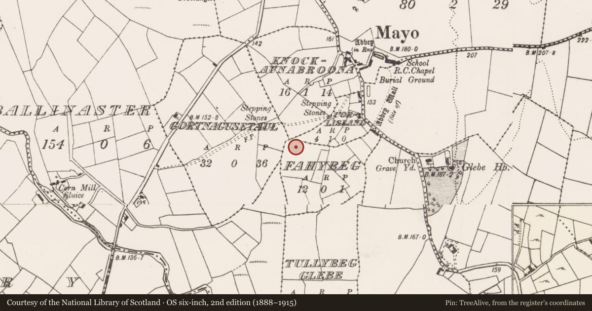 Ordnance Survey six-inch map, 2nd edition (1888–1915) covering the location of Enclosure, Fahybeg, County Mayo, with a pin at the register's coordinates