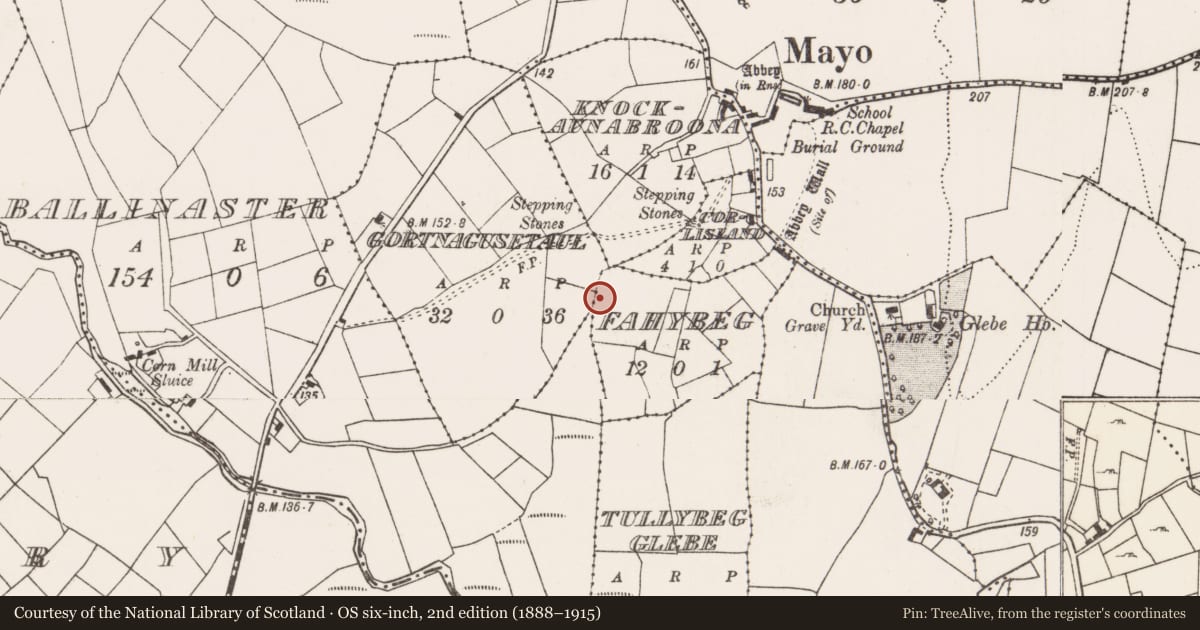 Ordnance Survey six-inch map, 2nd edition (1888–1915) covering the location of Building, Fahybeg, County Mayo, with a pin at the register's coordinates