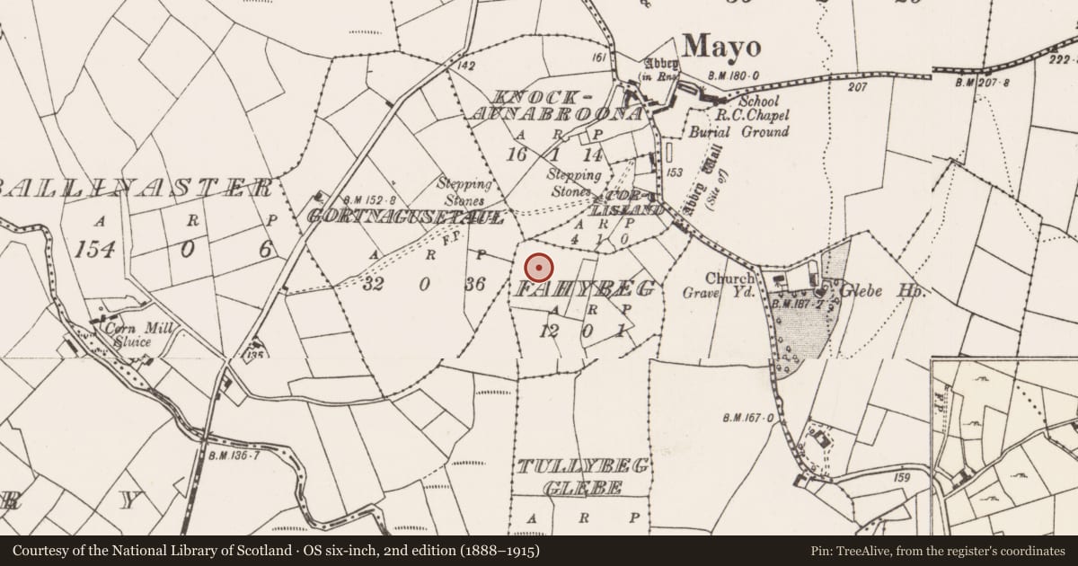 Ordnance Survey six-inch map, 2nd edition (1888–1915) covering the location of Building, Fahybeg, County Mayo, with a pin at the register's coordinates