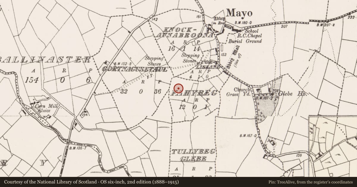 Ordnance Survey six-inch map, 2nd edition (1888–1915) covering the location of Building, Fahybeg, County Mayo, with a pin at the register's coordinates