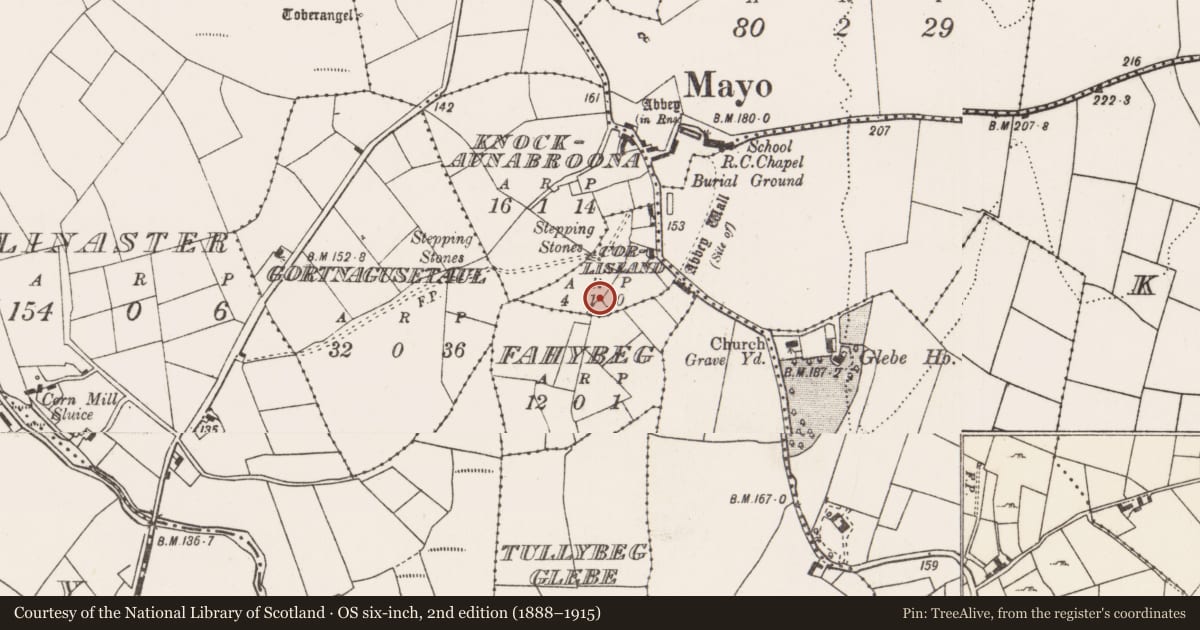 Ordnance Survey six-inch map, 2nd edition (1888–1915) covering the location of Building, Corlisland, County Mayo, with a pin at the register's coordinates