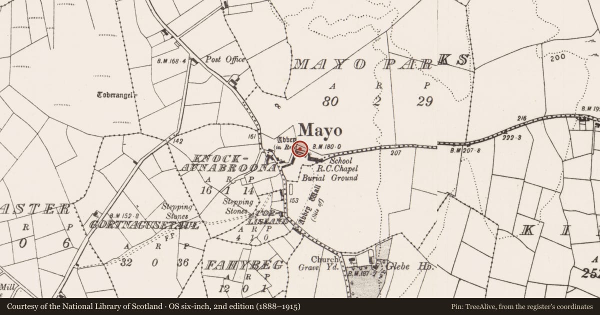 Ordnance Survey six-inch map, 2nd edition (1888–1915) covering the location of Religious house - unclassified, Mayo Parks, County Mayo, with a pin at the register's coordinates