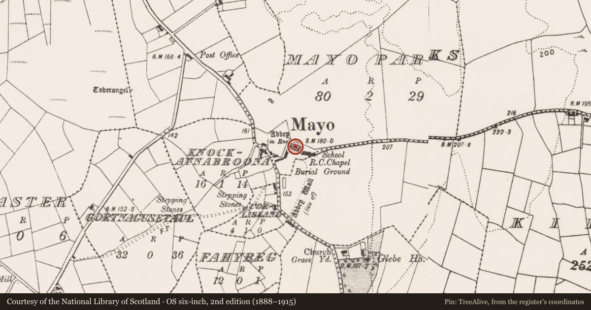 Ordnance Survey six-inch map, 2nd edition (1888–1915) covering the location of Cross, Mayo Parks, County Mayo, with a pin at the register's coordinates