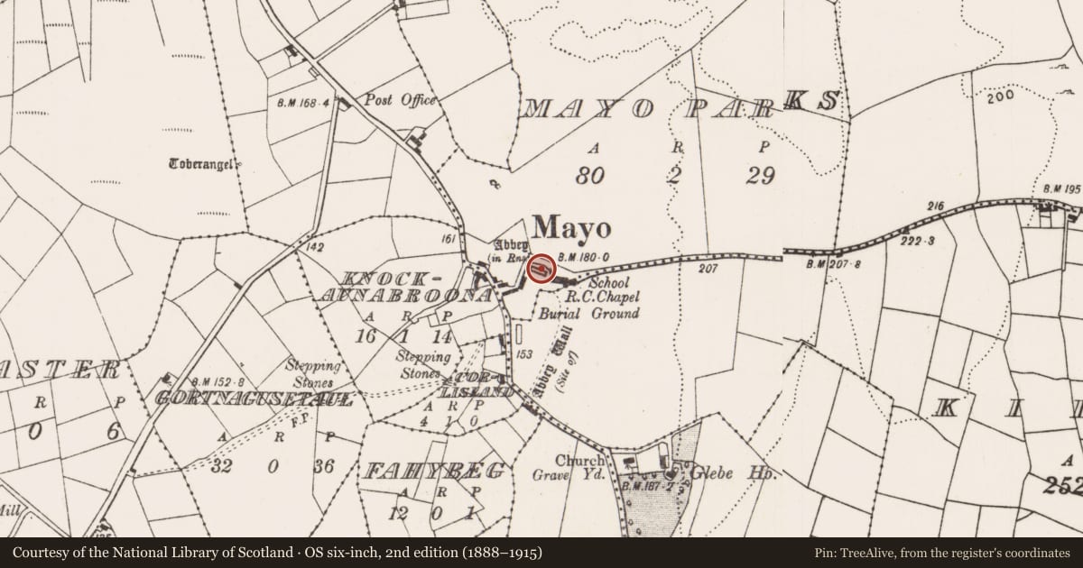 Ordnance Survey six-inch map, 2nd edition (1888–1915) covering the location of Architectural fragment, Mayo Parks, County Mayo, with a pin at the register's coordinates