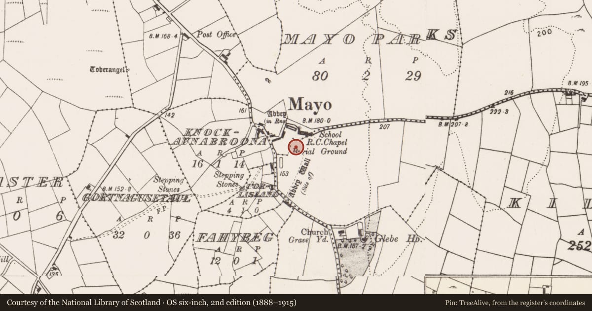 Ordnance Survey six-inch map, 2nd edition (1888–1915) covering the location of Earthwork, Kilbride, Mayo Parks, County Mayo, with a pin at the register's coordinates
