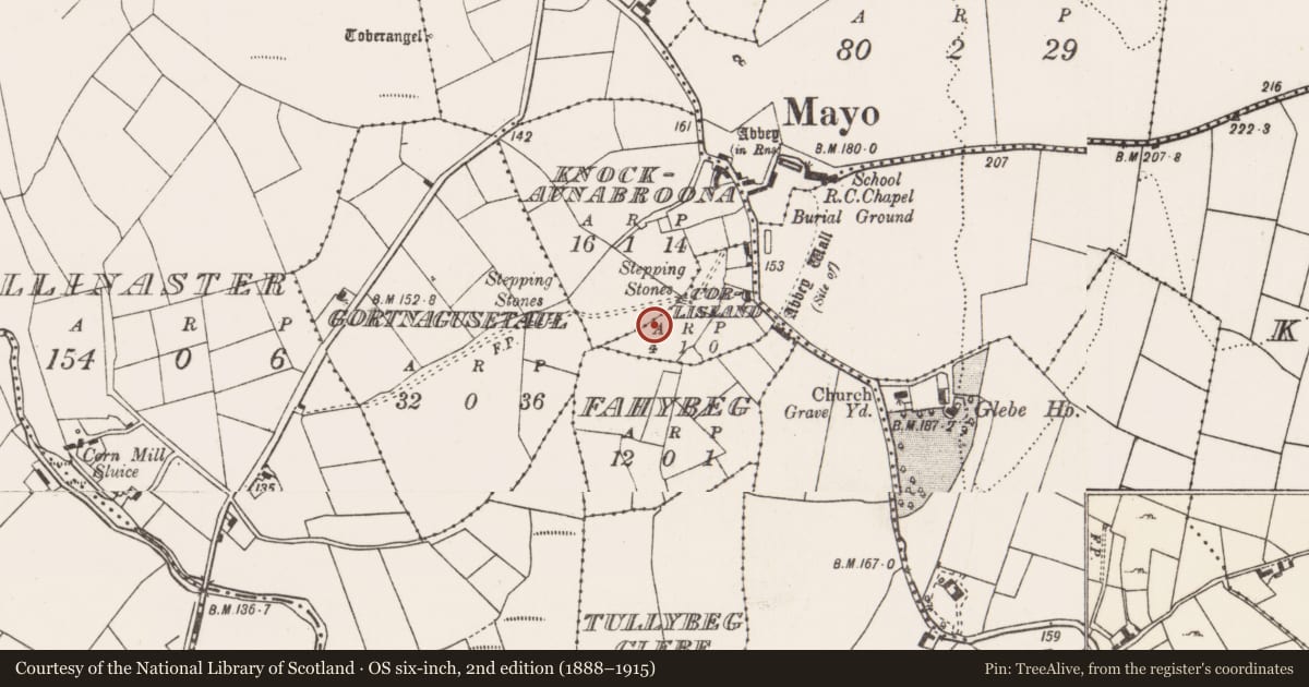 Ordnance Survey six-inch map, 2nd edition (1888–1915) covering the location of Burnt mound, Corlisland, County Mayo, with a pin at the register's coordinates