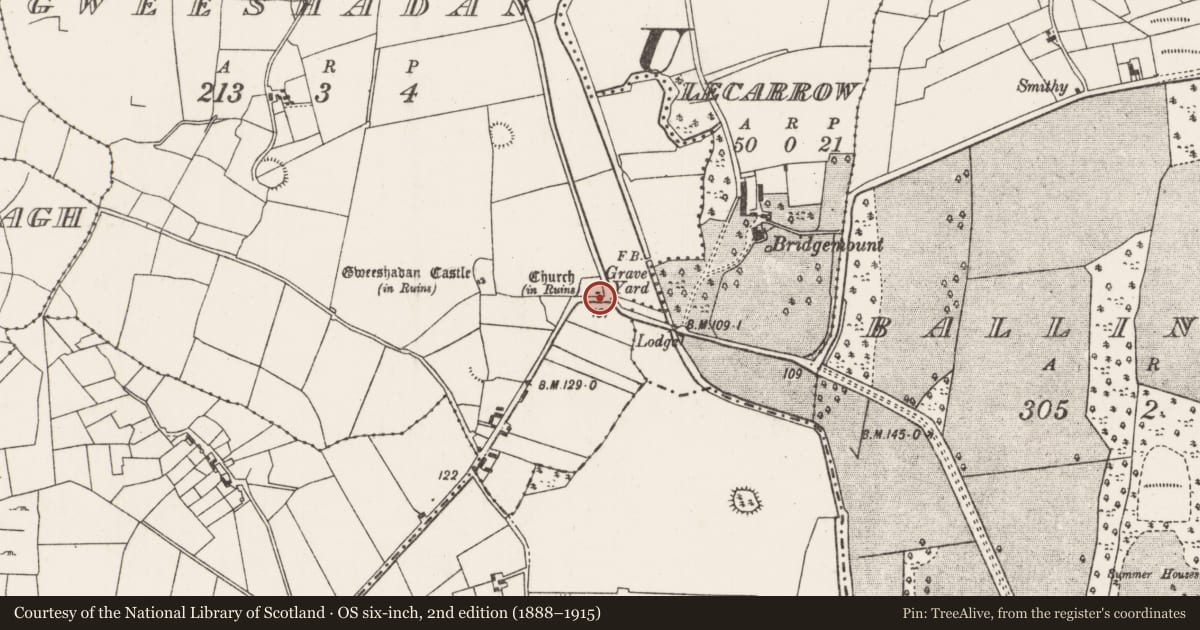 Ordnance Survey six-inch map, 2nd edition (1888–1915) covering the location of Church, Gweeshadan, County Mayo, with a pin at the register's coordinates