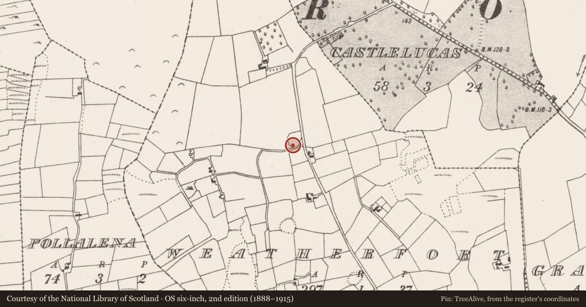 Ordnance Survey six-inch map, 2nd edition (1888–1915) covering the location of Enclosure, Weatherfort, County Mayo, with a pin at the register's coordinates